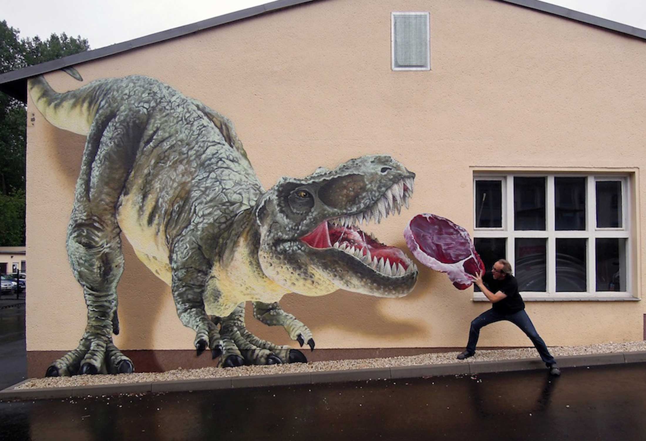 A memorable and magically-realistic mural by Tasso, TASSOsaurus Rex evokes feelings of awe and fear in viewers.