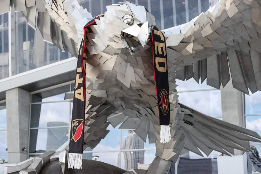 Made of durable materials, The Falcon is a magical piece of public art that unites Atlanta Falcons football fans.