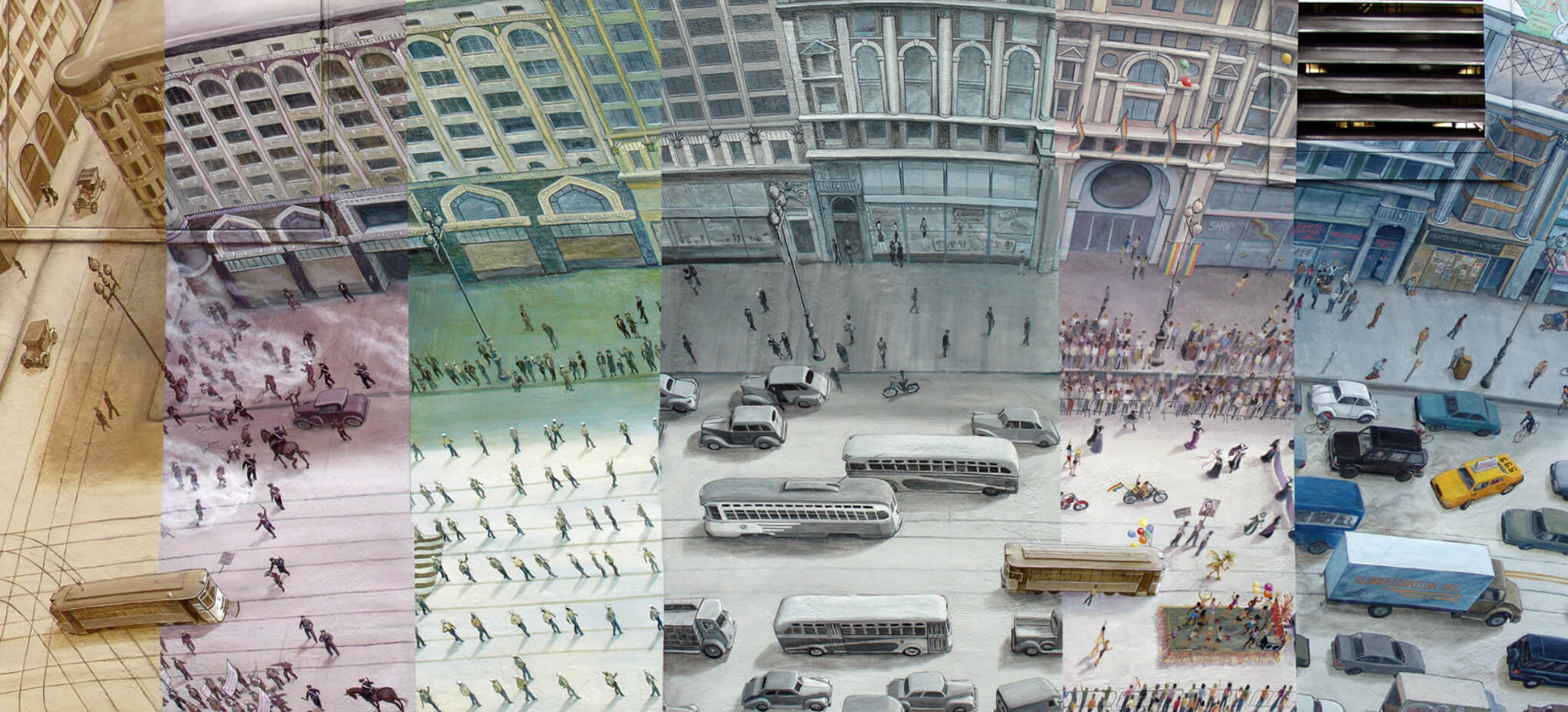 Vista de los diferentes paneles que aparecen en el mural de Market Street Railway