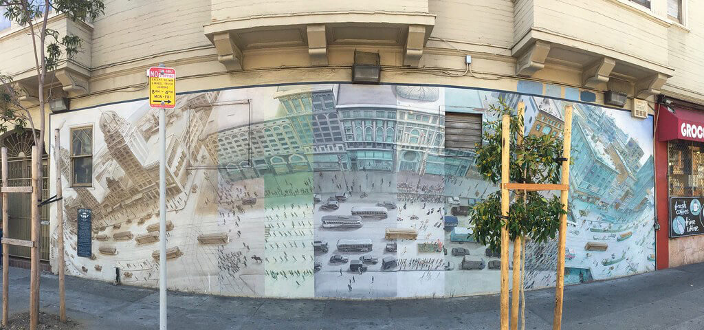 Vista de la calle del mural del ferrocarril Market Street de Mona Caron