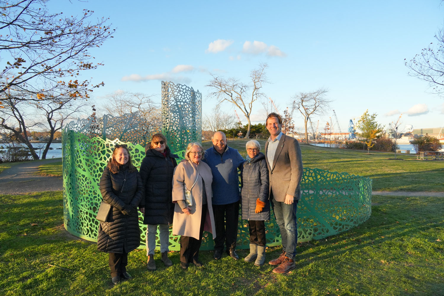 From left to right: City Councilor Kate Cook; Public Art Review Committee Co-Chair Ernie Greenslade; Public Art Review Committee Co-Chair Chris Dwyer; Artist Vito Di Bari; Public Art Review Committee Member Ellen Feinberg; and Mayor Deaglan McEachern.
